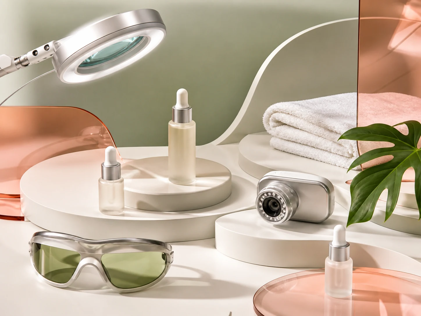 Ilustrasi still-life perangkat analisis kulit dan produk klinis tanpa merek